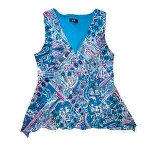 AGB Paisley Flowy Blouse Sleeveless Shirt Tie Waist Blue Purple Size XL